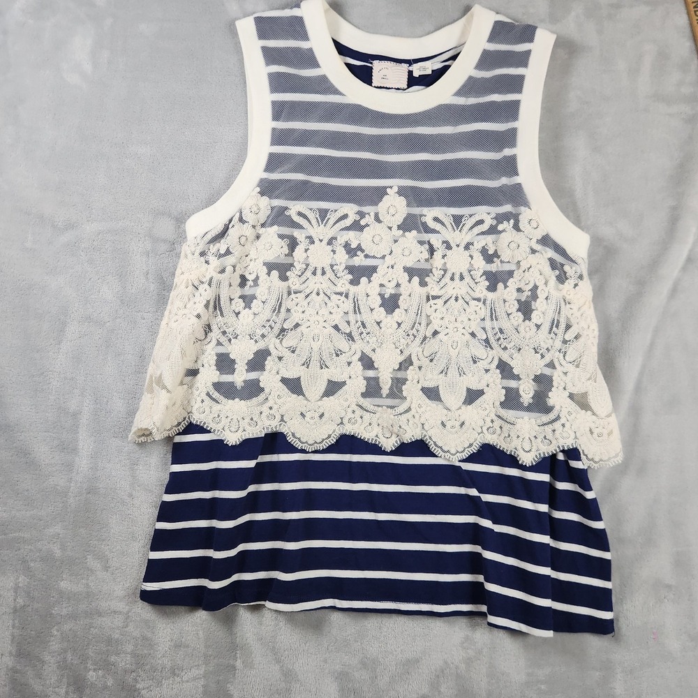 Anthropologie Postmark Natique Tank Top S Navy White Striped Lace Boho Nautical